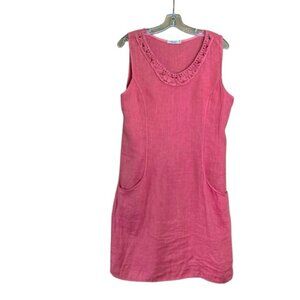 Lungo L'arno Italy 100% Linen Mauve Pink Rosette Trim Midi Shift Dress (Size L)